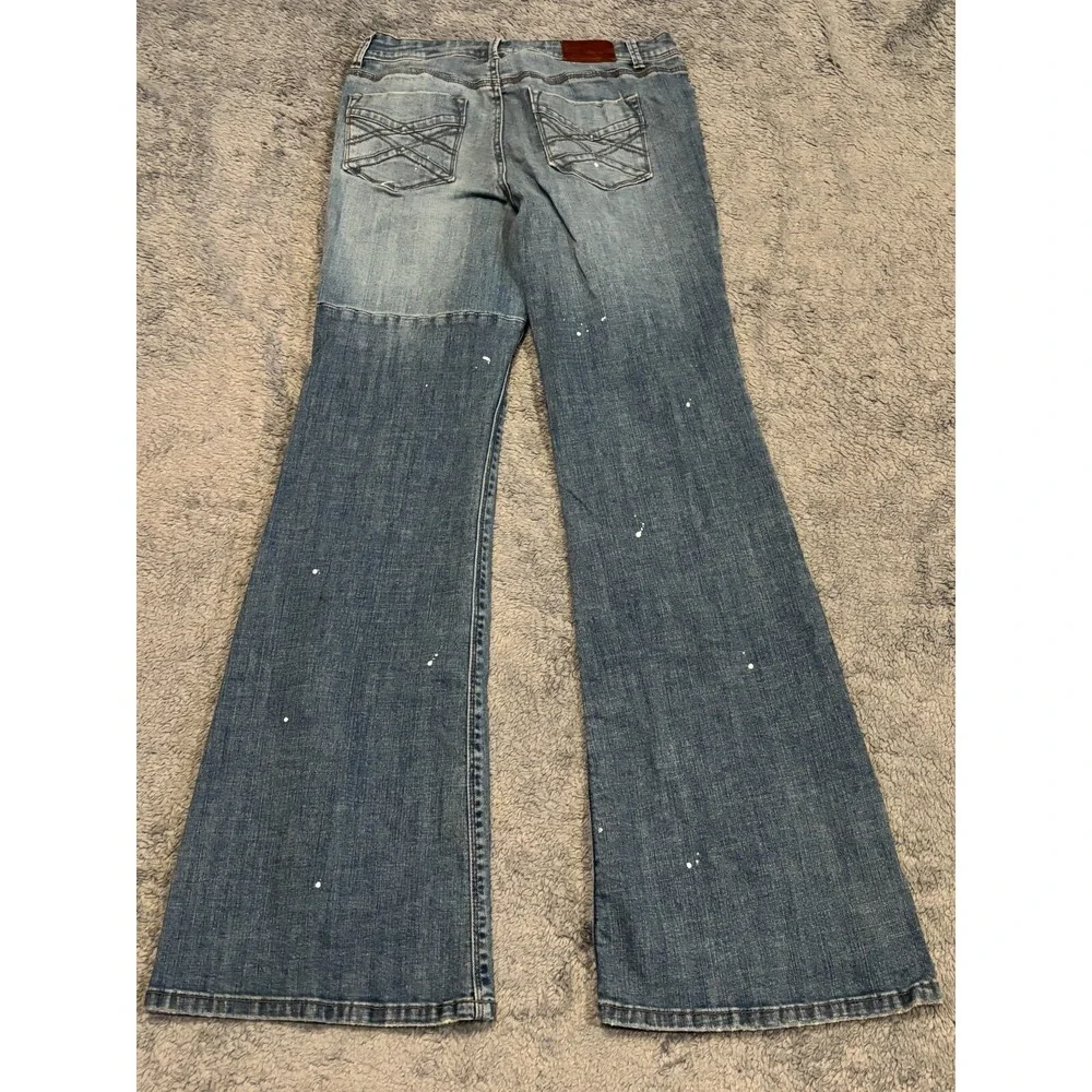 DKNY Jeans Womens 6 Soho Flare Denim Blue Medium Wash Distressed Hippie Splatter